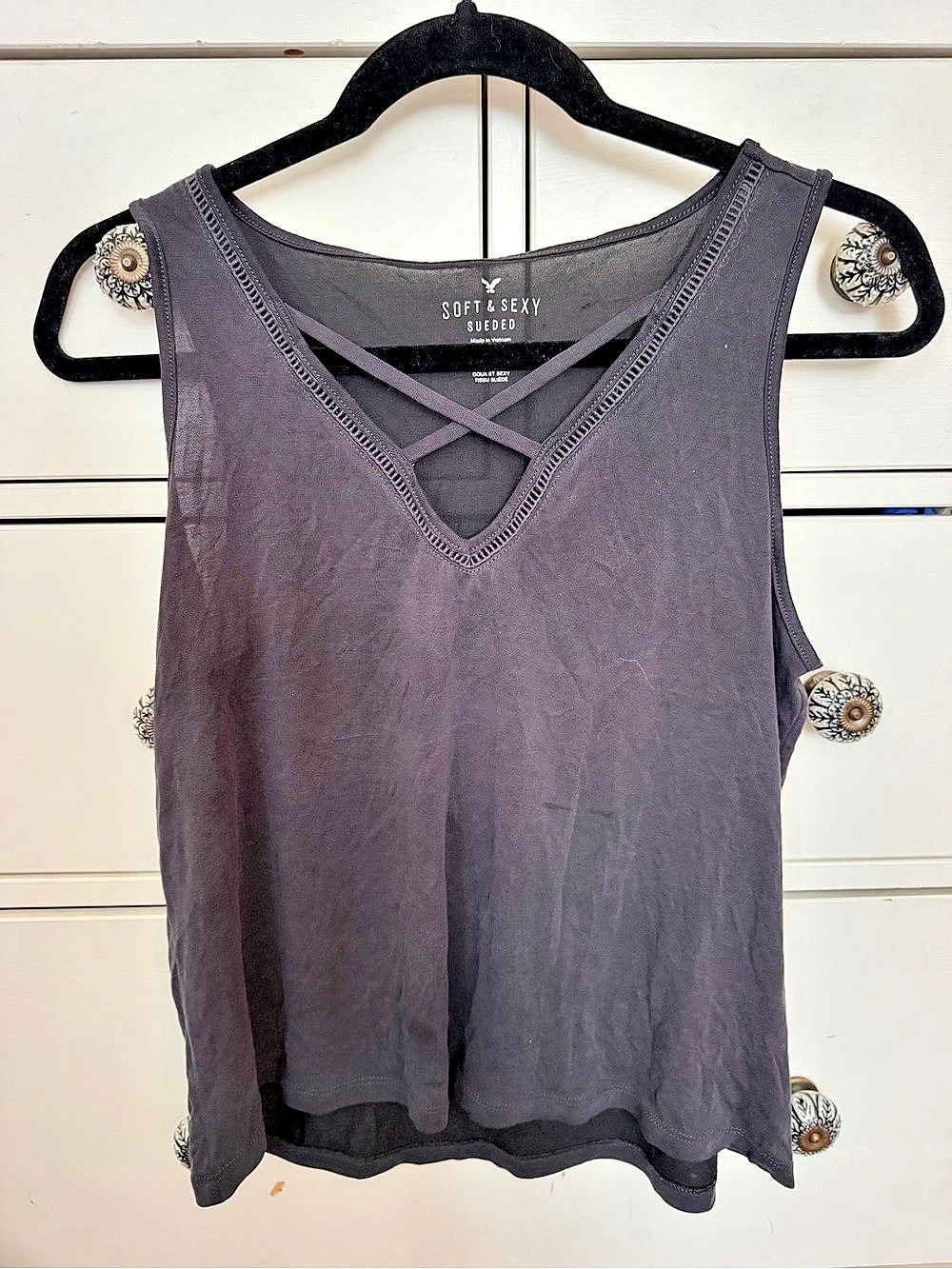 American Eagle Soft & Sexy Sueded Criss-Cross Tank Top Black